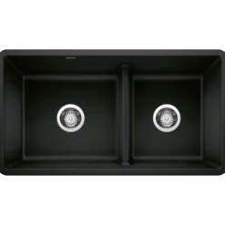 Blanco Precis 33" Undermount Granite Composite Kitchen Sink, Silgranit, 60/40 Double Bowl, Coal Black, 442925