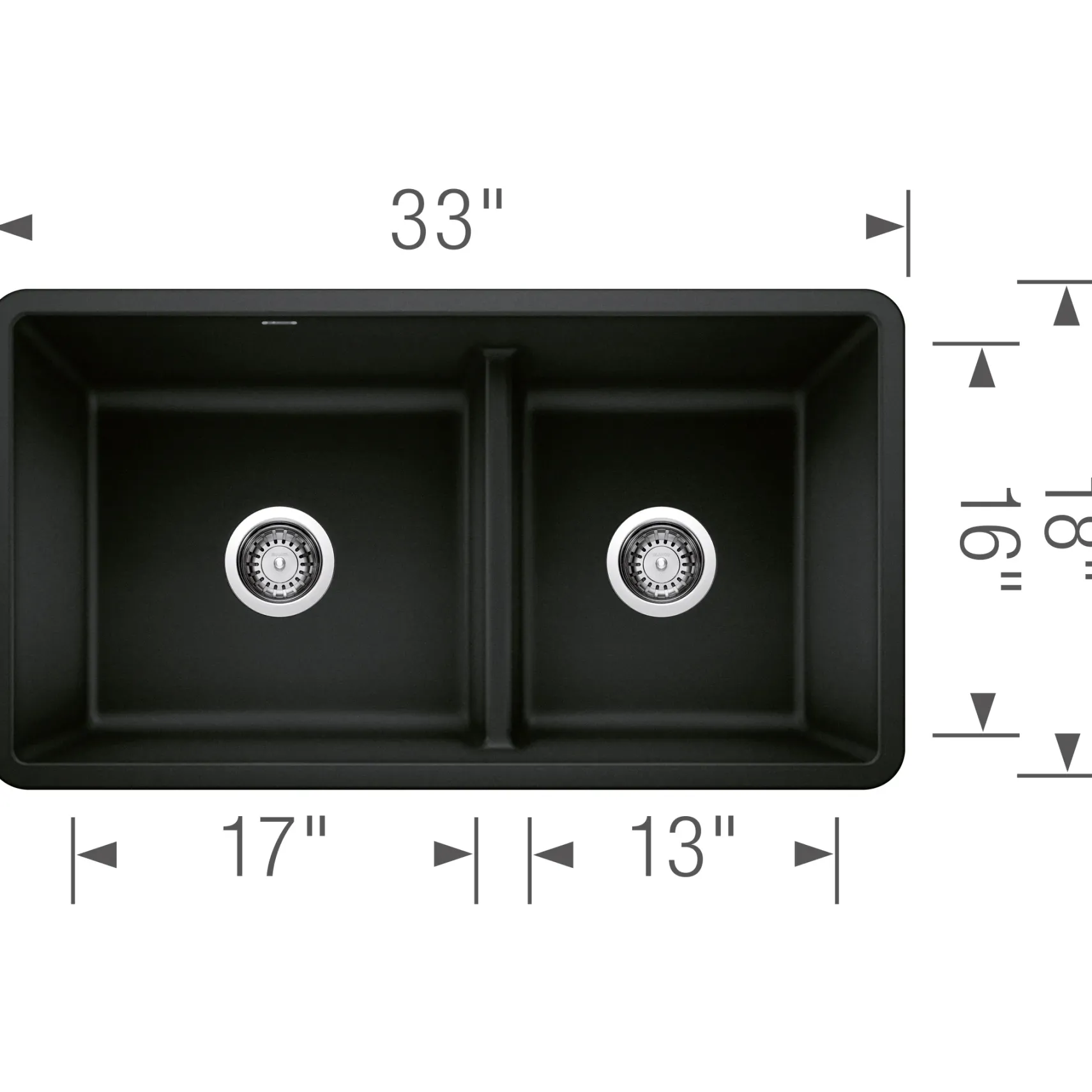 Blanco Precis 33" Undermount Granite Composite Kitchen Sink, Silgranit, 60/40 Double Bowl, Coal Black, 442925