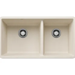 Blanco Precis 33" Undermount Granite Composite Kitchen Sink, Silgranit, 60/40 Double Bowl, Soft White, 443081