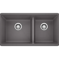 Blanco Precis 33" Undermount Granite Composite Kitchen Sink, Silgranit, 60/40 Double Bowl, Cinder, 441479