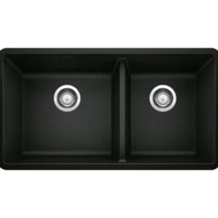 Blanco Precis 33" Undermount Granite Composite Kitchen Sink, Silgranit, 60/40 Double Bowl, Coal Black, 442926