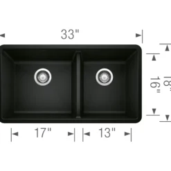 Blanco Precis 33" Undermount Granite Composite Kitchen Sink, Silgranit, 60/40 Double Bowl, Coal Black, 442926