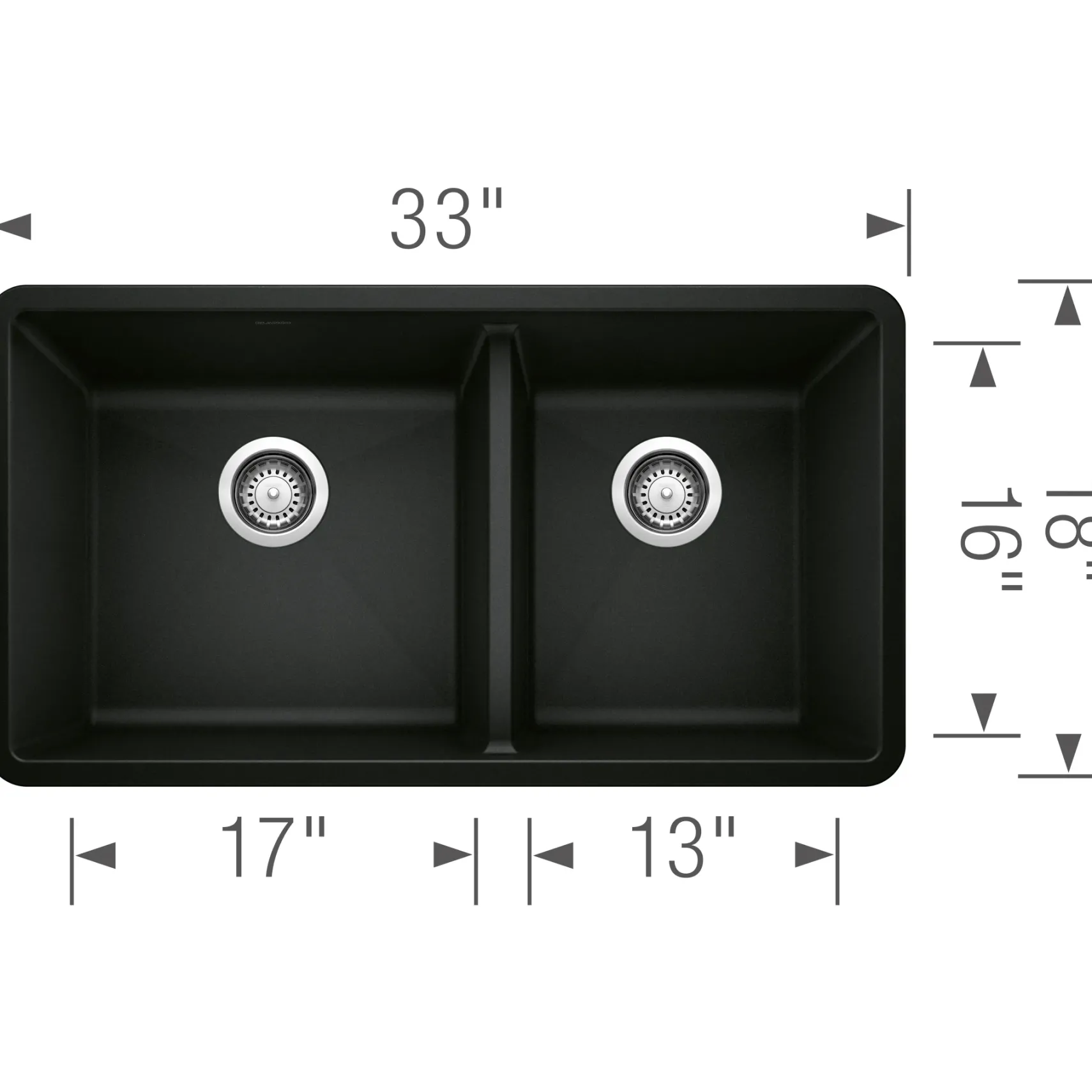 Blanco Precis 33" Undermount Granite Composite Kitchen Sink, Silgranit, 60/40 Double Bowl, Coal Black, 442926
