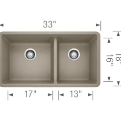 Blanco Precis 33" Undermount Granite Composite Kitchen Sink, Silgranit, 60/40 Double Bowl, Truffle, 441296