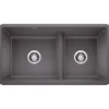 Blanco Precis 33" Undermount Granite Composite Kitchen Sink, Silgranit, 60/40 Double Bowl, Cinder, 442521