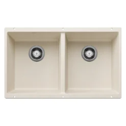 Blanco Precis 30" Undermount Silgranit Kitchen Sink, 50/50 Double Bowl, Soft White, No Faucet Hole, 527401
