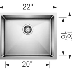 Blanco Quatrus 22" Undermount Stainless Steel Kitchen Sink, Satin Polish, 18 Gauge, No Faucet Hole, 443145