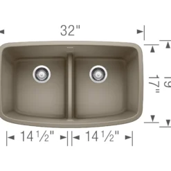 Blanco Valea 32" Undermount Granite Composite Kitchen Sink, Silgranit, 50/50 Double Bowl, Truffle, 442197