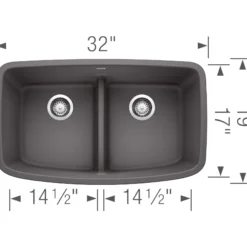 Blanco Valea 32" Undermount Granite Composite Kitchen Sink, Silgranit, 50/50 Double Bowl, Cinder, 442196