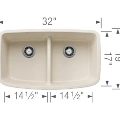 Blanco Valea 32" Undermount Silgranit Kitchen Sink, 50/50 Double Bowl, Soft White, No Faucet Hole, 443089