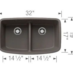 Blanco Valea 32" Undermount Silgranit Kitchen Sink, 50/50 Double Bowl, Volcano Gray, No Faucet Hole, 443126