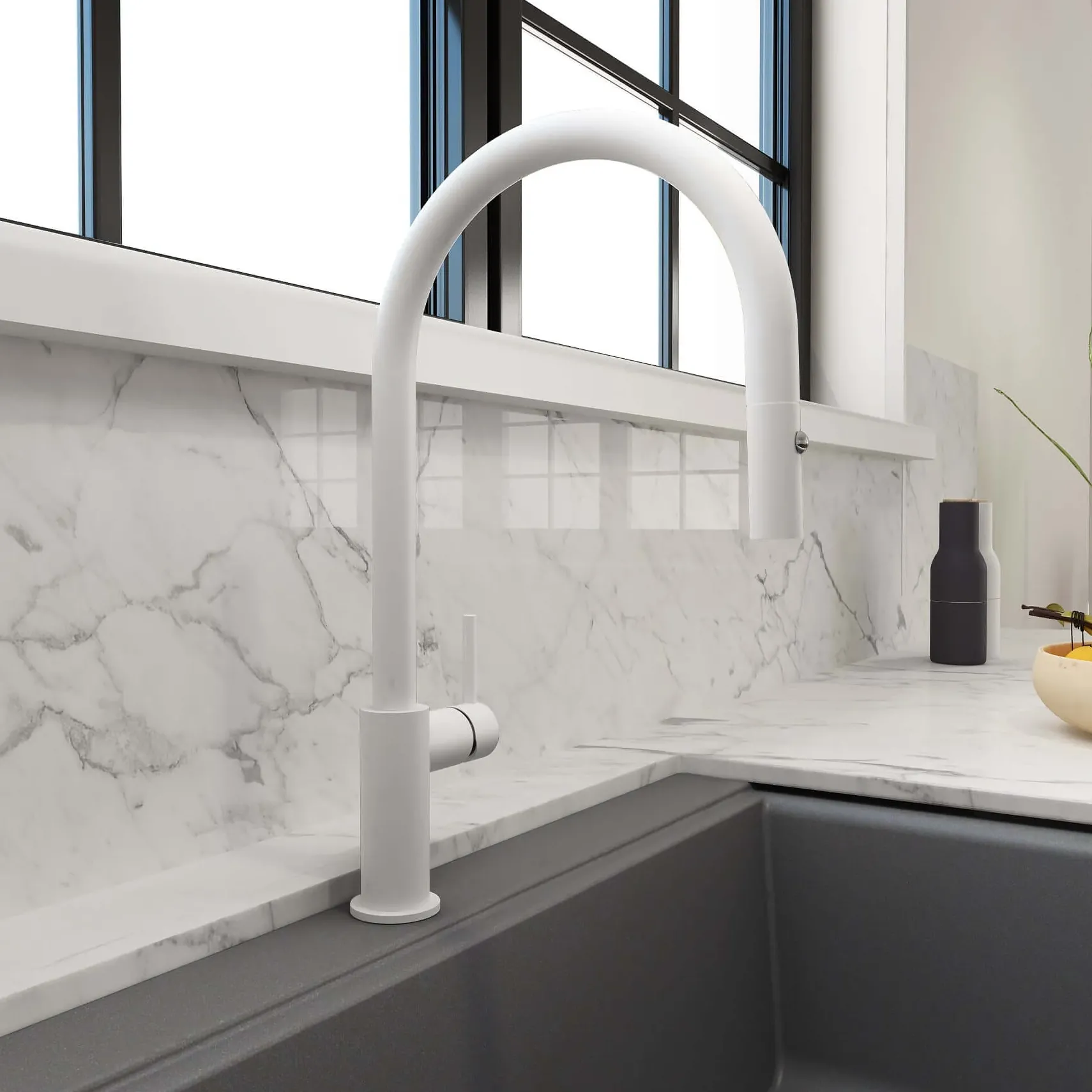 BOCCHI Baveno Duo 1.75 GPM 90 Degree Forward Brass Kitchen Faucet, Matte White, 2028 0001 MW
