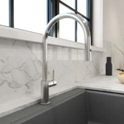 BOCCHI Baveno Duo 1.75 GPM 90 Degree Forward Brass Kitchen Faucet, Stainless Steel, 2028 0001 SS