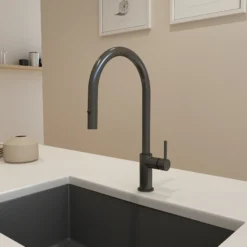BOCCHI Baveno Duo 1.75 GPM 90 Degree Forward Brass Kitchen Faucet, Gun Metal, 2028 0001 GM