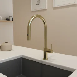 BOCCHI Baveno Duo 1.75 GPM 90 Degree Forward Brass Kitchen Faucet, Brushed Gold, 2028 0001 BG