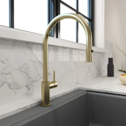 BOCCHI Baveno Duo 1.75 GPM 90 Degree Forward Brass Kitchen Faucet, Brushed Gold, 2028 0001 BG