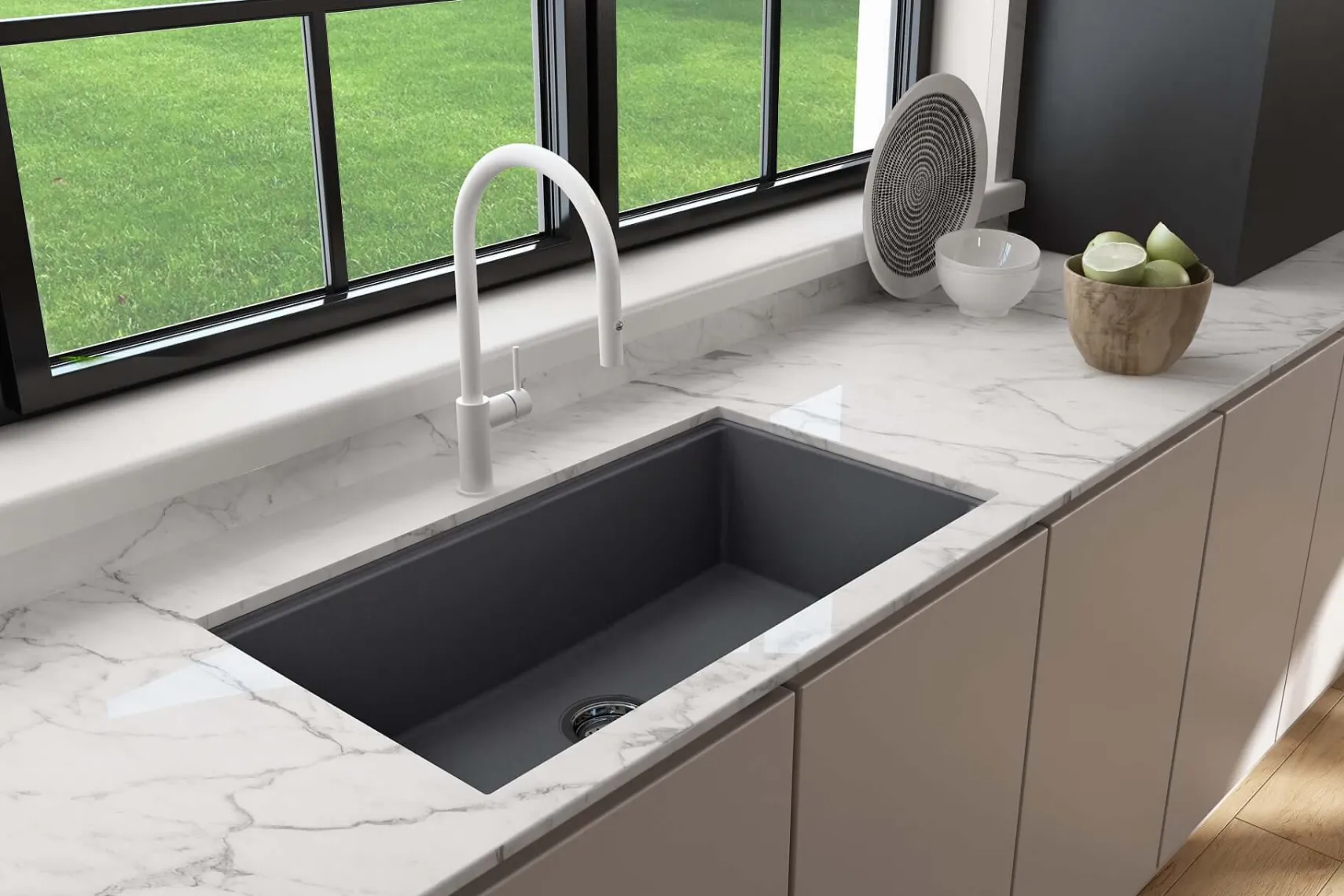 BOCCHI Baveno Lux 33" Dual Mount Granite Workstation Kitchen Sink Kit with Accessories, Concrete Gray, 1616-506-0126HP