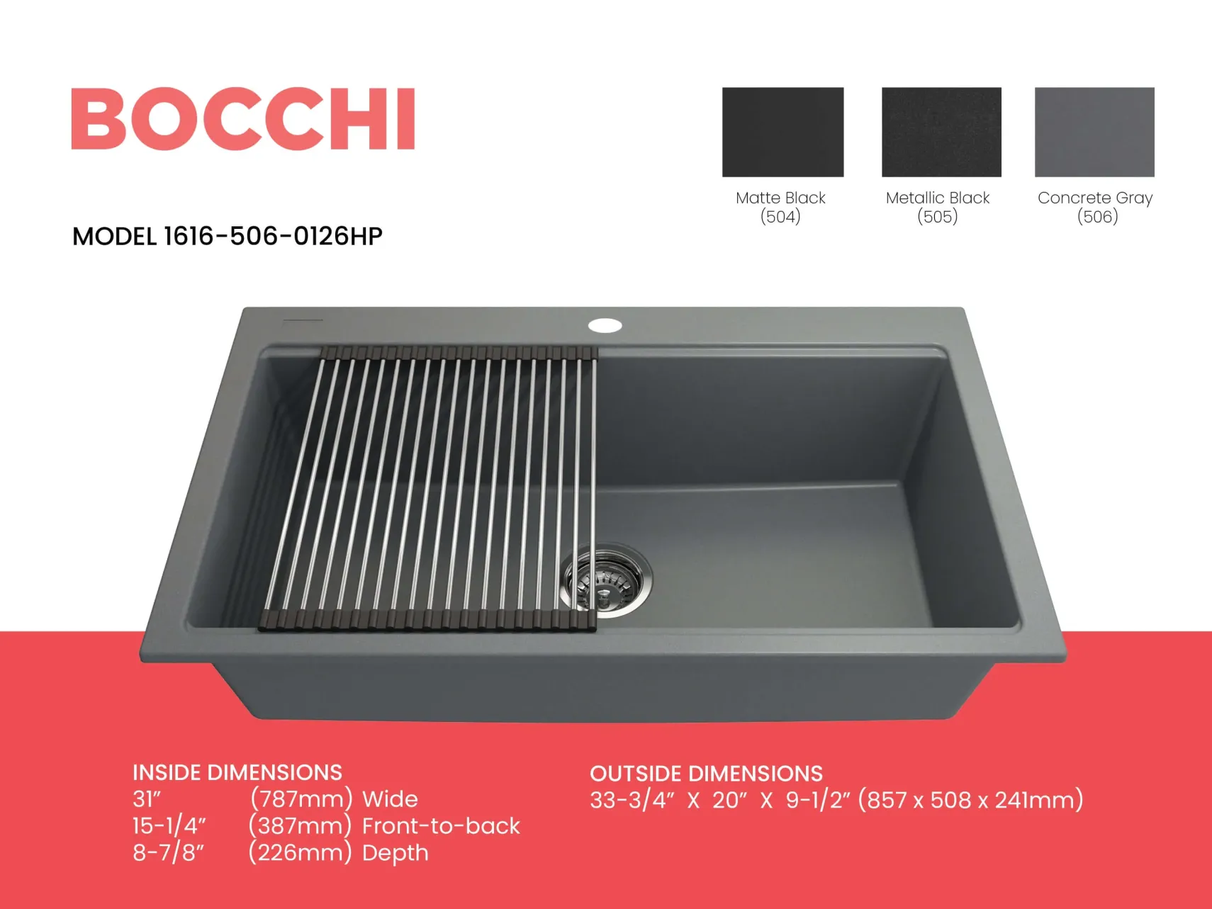 BOCCHI Baveno Lux 33" Dual Mount Granite Workstation Kitchen Sink Kit with Accessories, Concrete Gray, 1616-506-0126HP
