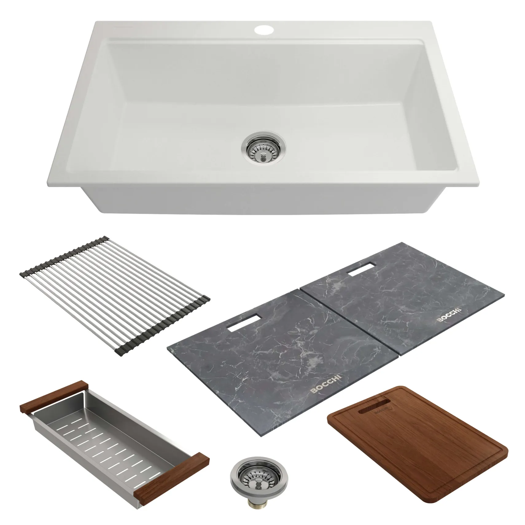 BOCCHI Baveno Lux 34" Dual Mount Granite Workstation Kitchen Sink Kit with Accessories, Milk White, 1616-507-0126HP