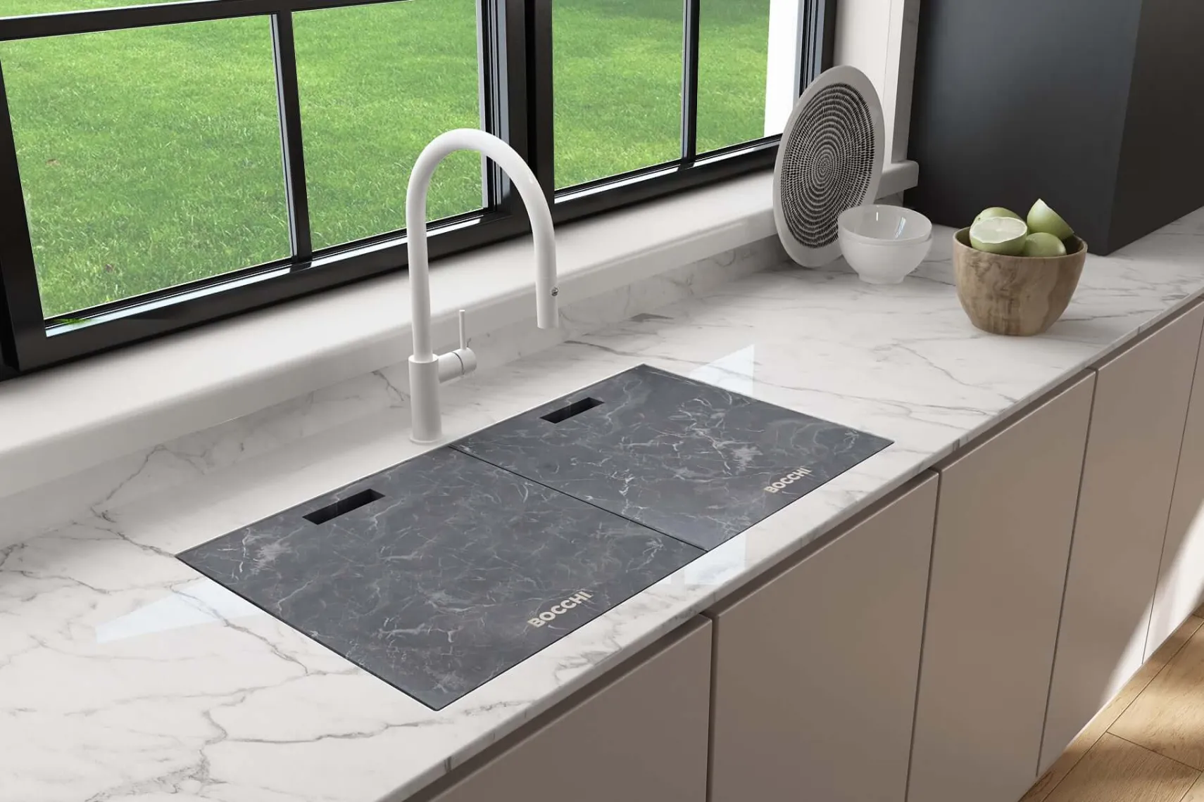 BOCCHI Baveno Lux 34" Dual Mount Granite Workstation Kitchen Sink Kit with Accessories, Milk White, 1616-507-0126HP