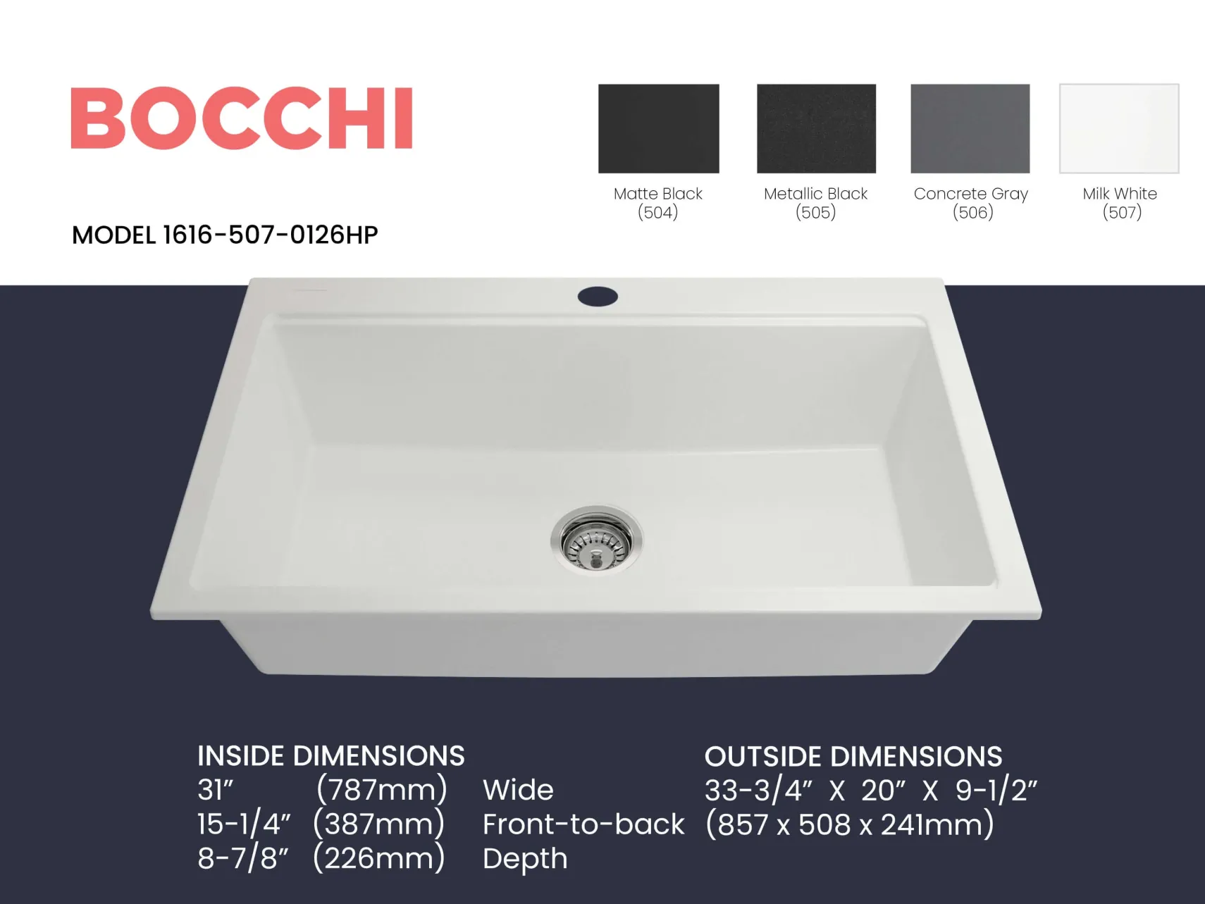 BOCCHI Baveno Lux 34" Dual Mount Granite Workstation Kitchen Sink Kit with Accessories, Milk White, 1616-507-0126HP