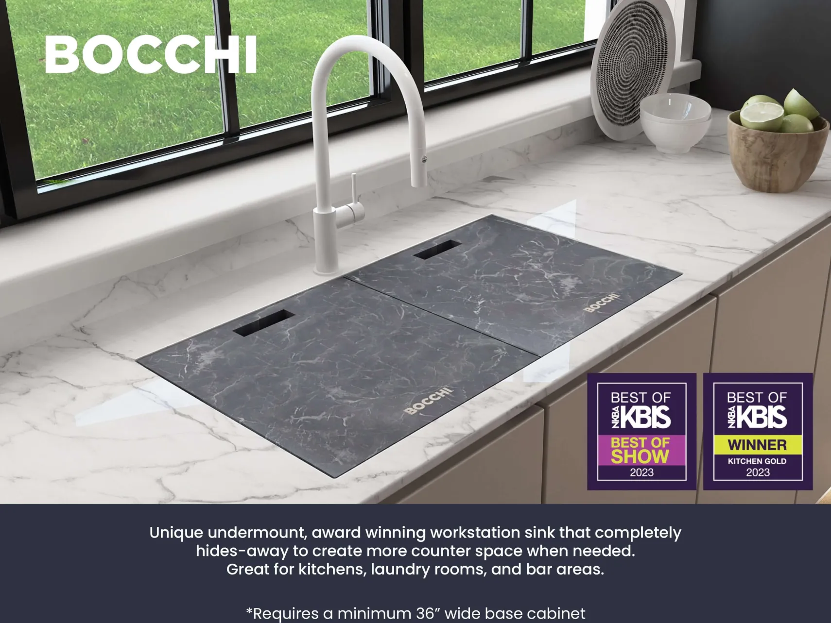 BOCCHI Baveno Lux 34" Dual Mount Granite Workstation Kitchen Sink Kit with Accessories, Milk White, 1616-507-0126HP
