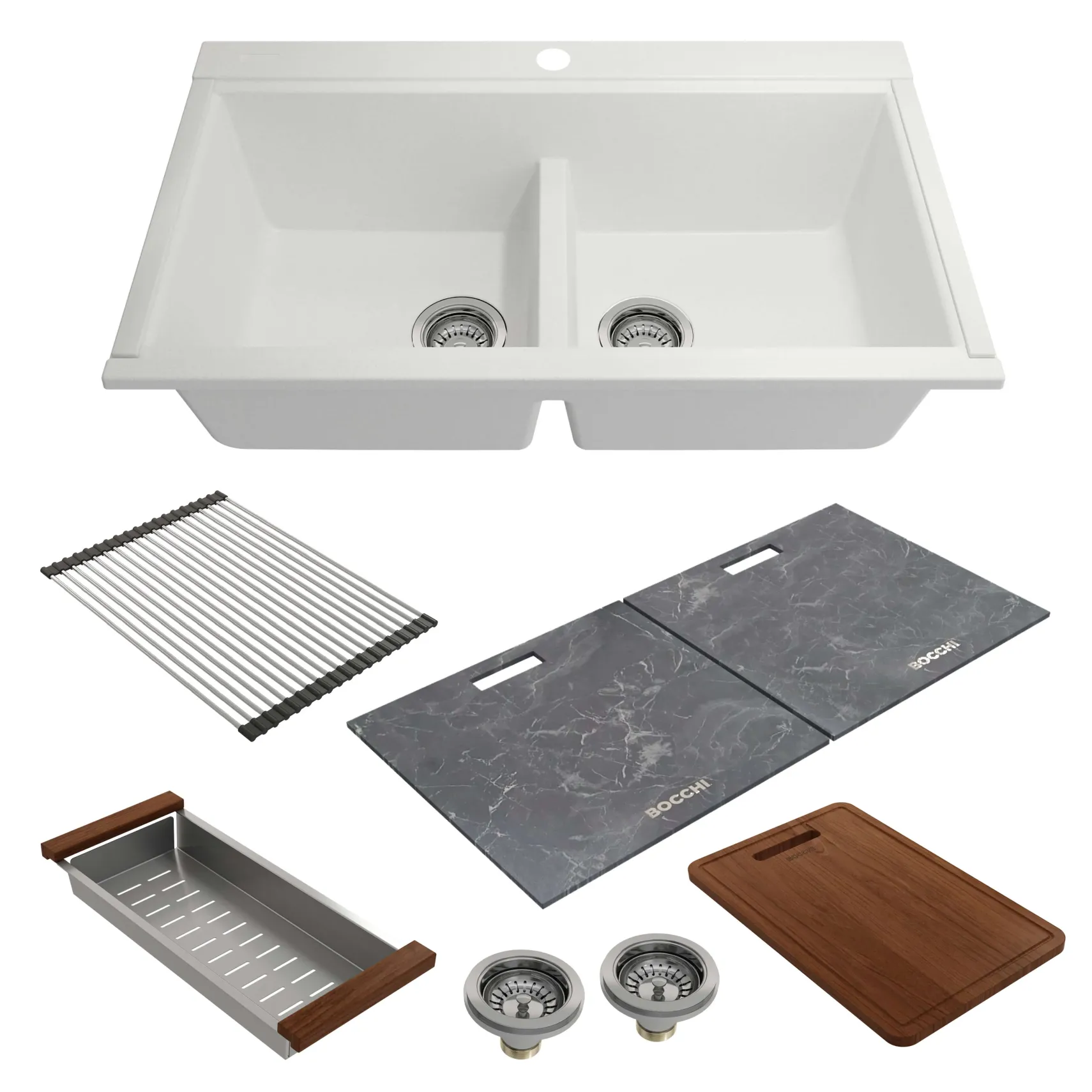 BOCCHI Baveno Lux 34" Undermount Granite Workstation Kitchen Sink Kit with Accessories, 50/50 Double Bowl, Milk White, 1618-507-0126HP