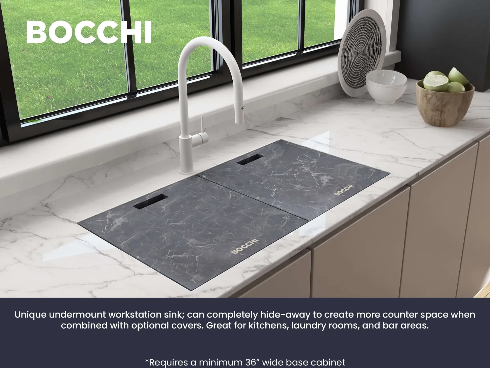 BOCCHI Baveno Lux 34" Undermount Granite Workstation Kitchen Sink Kit with Accessories, 50/50 Double Bowl, Milk White, 1618-507-0126HP