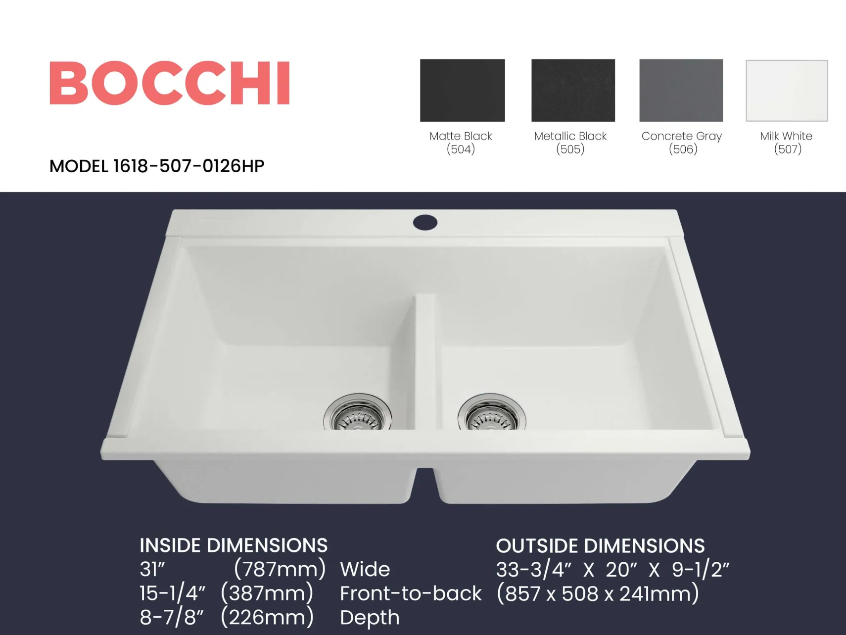 BOCCHI Baveno Lux 34" Undermount Granite Workstation Kitchen Sink Kit with Accessories, 50/50 Double Bowl, Milk White, 1618-507-0126HP
