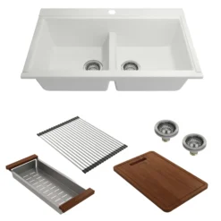 BOCCHI Baveno Lux 34" Undermount Granite Workstation Kitchen Sink Kit with Accessories, 50/50 Double Bowl, Milk White, 1618-507-0126