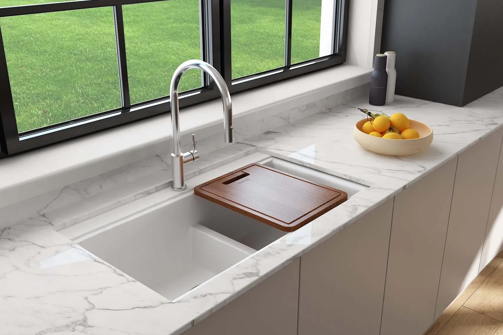 BOCCHI Baveno Lux 34" Undermount Granite Workstation Kitchen Sink Kit with Accessories, 50/50 Double Bowl, Milk White, 1618-507-0126