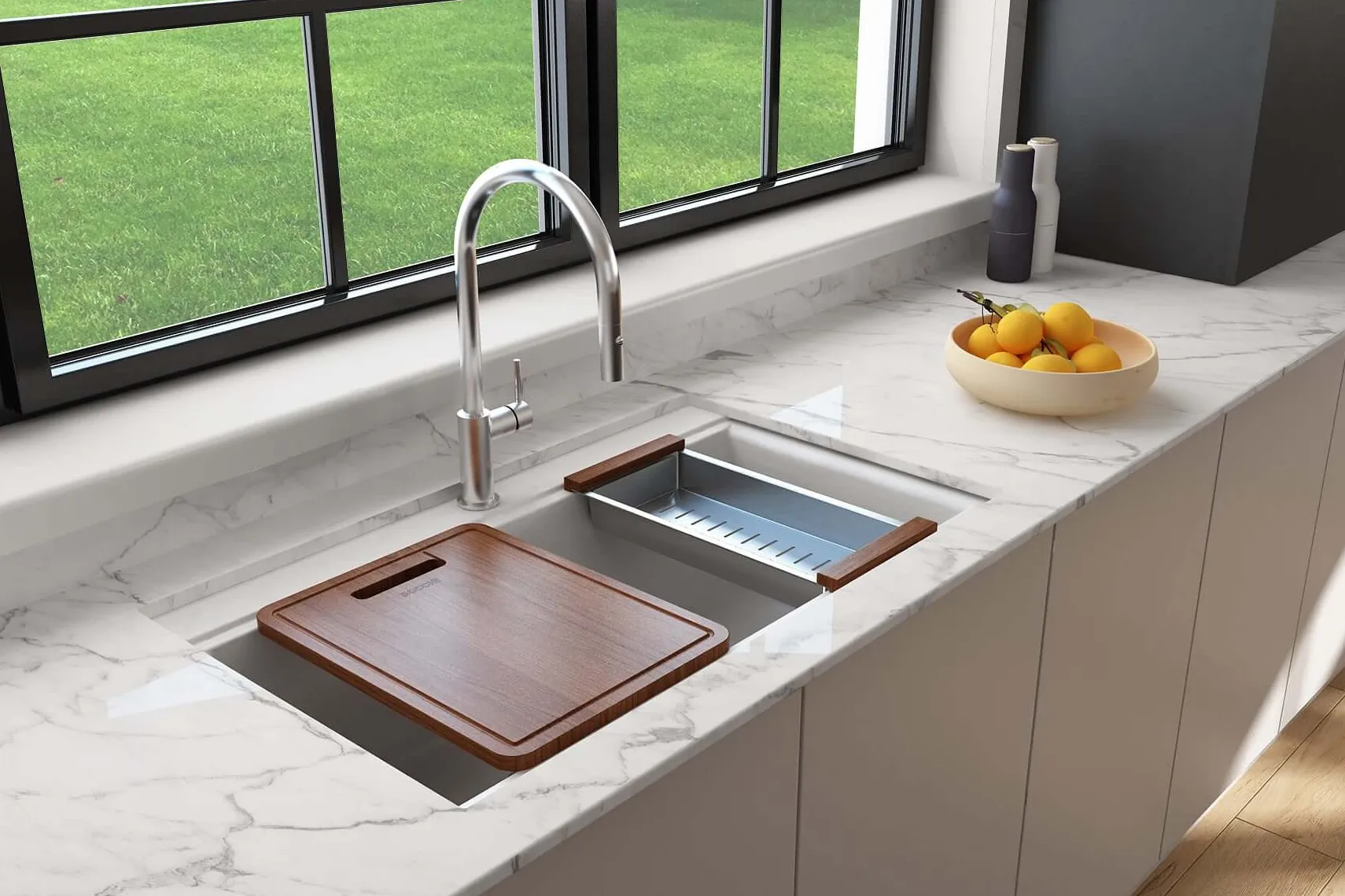 BOCCHI Baveno Lux 34" Undermount Granite Workstation Kitchen Sink Kit with Accessories, 50/50 Double Bowl, Milk White, 1618-507-0126