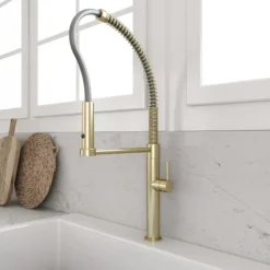 BOCCHI Baveno Pro 1.75 GPM 90 Degree Forward Brass Kitchen Faucet, Professional, Goose Neck, Brushed Gold, 2027 0001 BG