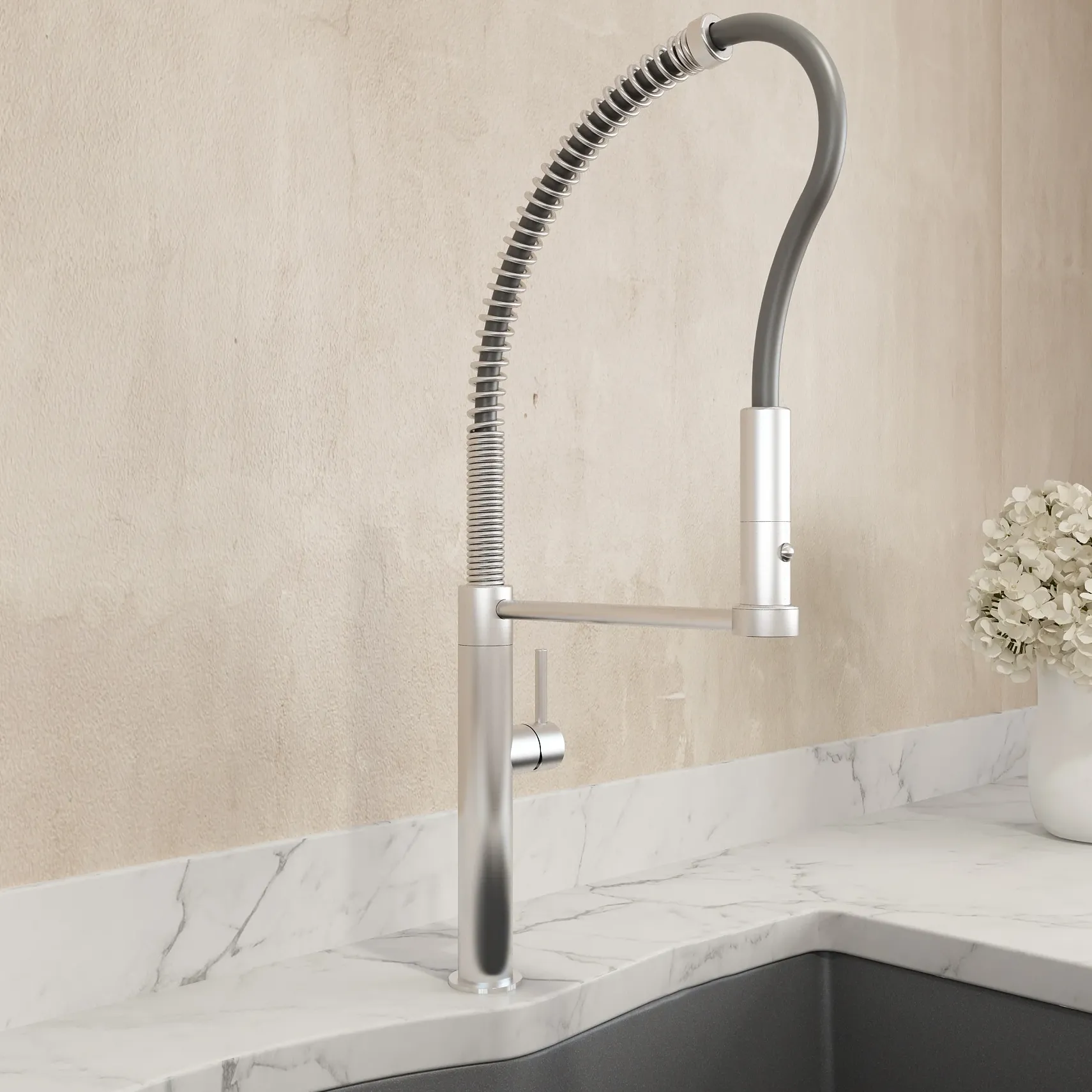 BOCCHI Baveno Pro 1.75 GPM 90 Degree Forward Brass Kitchen Faucet, Professional, Goose Neck, Stainless Steel, 2027 0001 SS