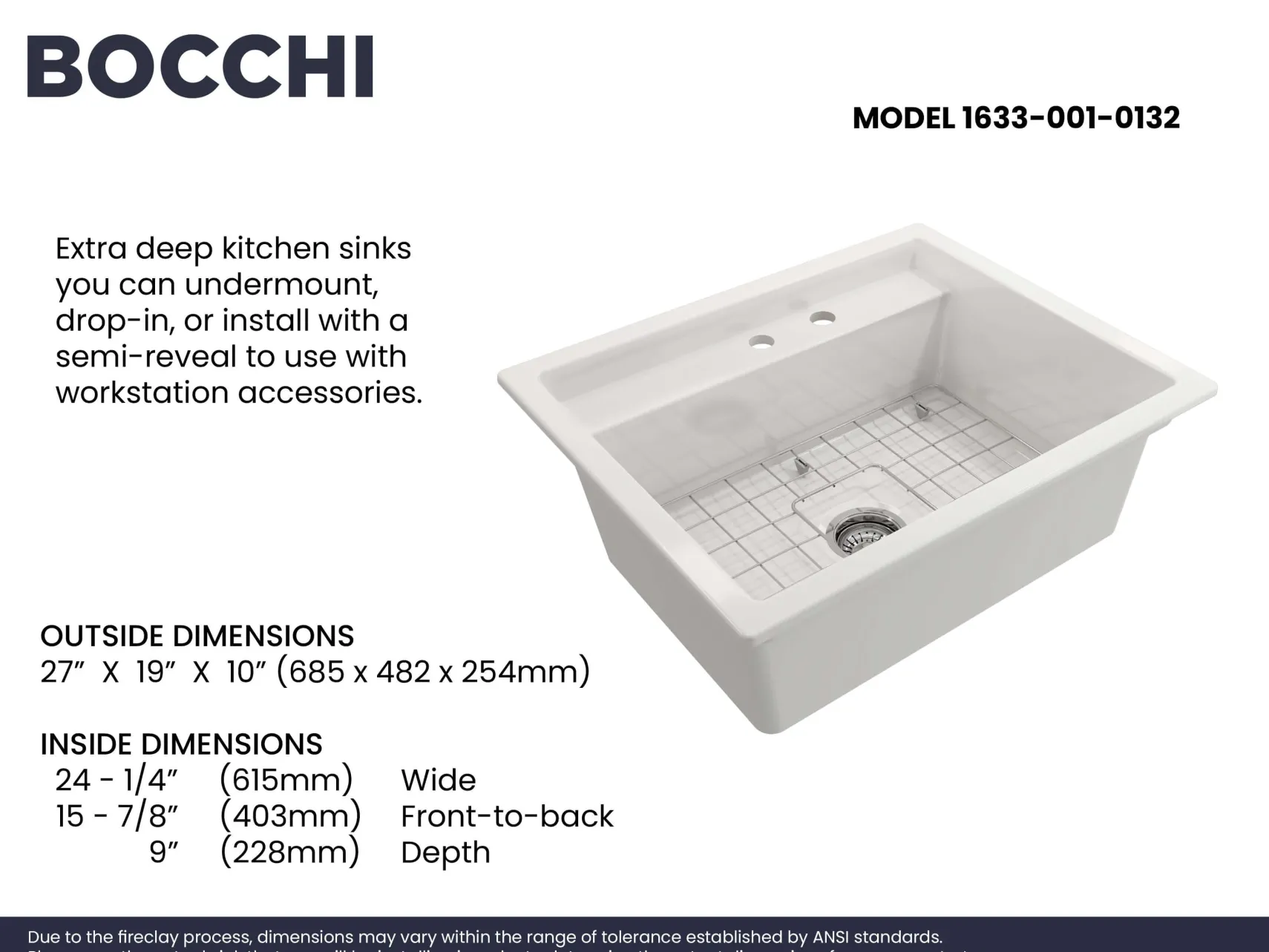 BOCCHI Baveno Uno 27" Dual Mount Fireclay Workstation Kitchen Sink Kit with Accessories, White, 1633-001-0132
