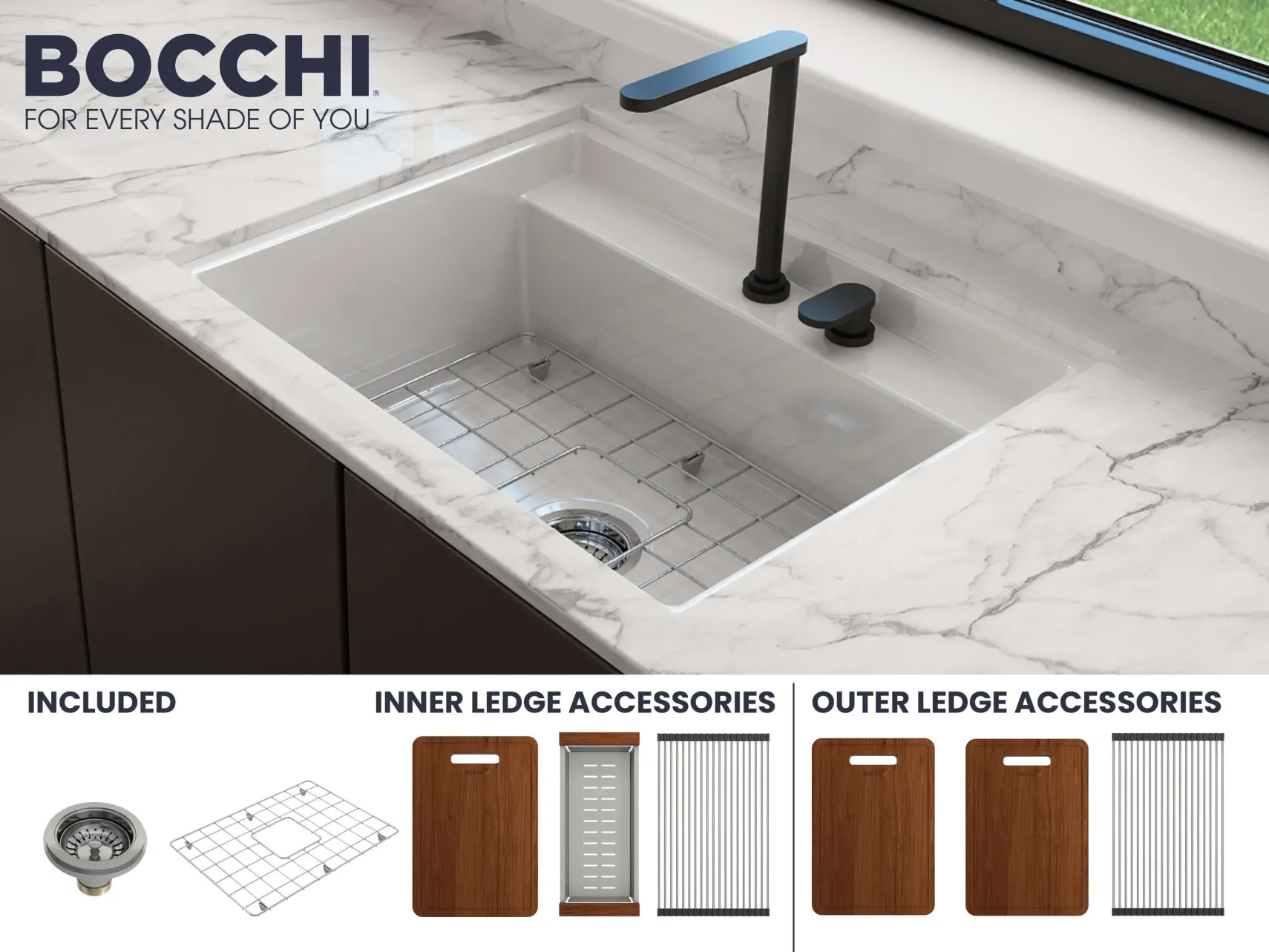 BOCCHI Baveno Uno 27" Dual Mount Fireclay Workstation Kitchen Sink Kit with Accessories, White, 1633-001-0132