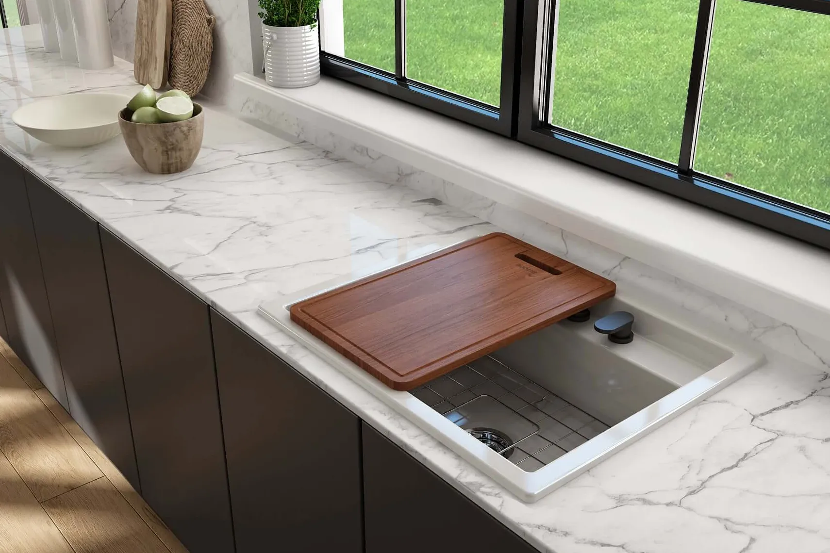BOCCHI Baveno Uno 27" Dual Mount Fireclay Workstation Kitchen Sink Kit with Accessories, Biscuit, 1633-014-0132