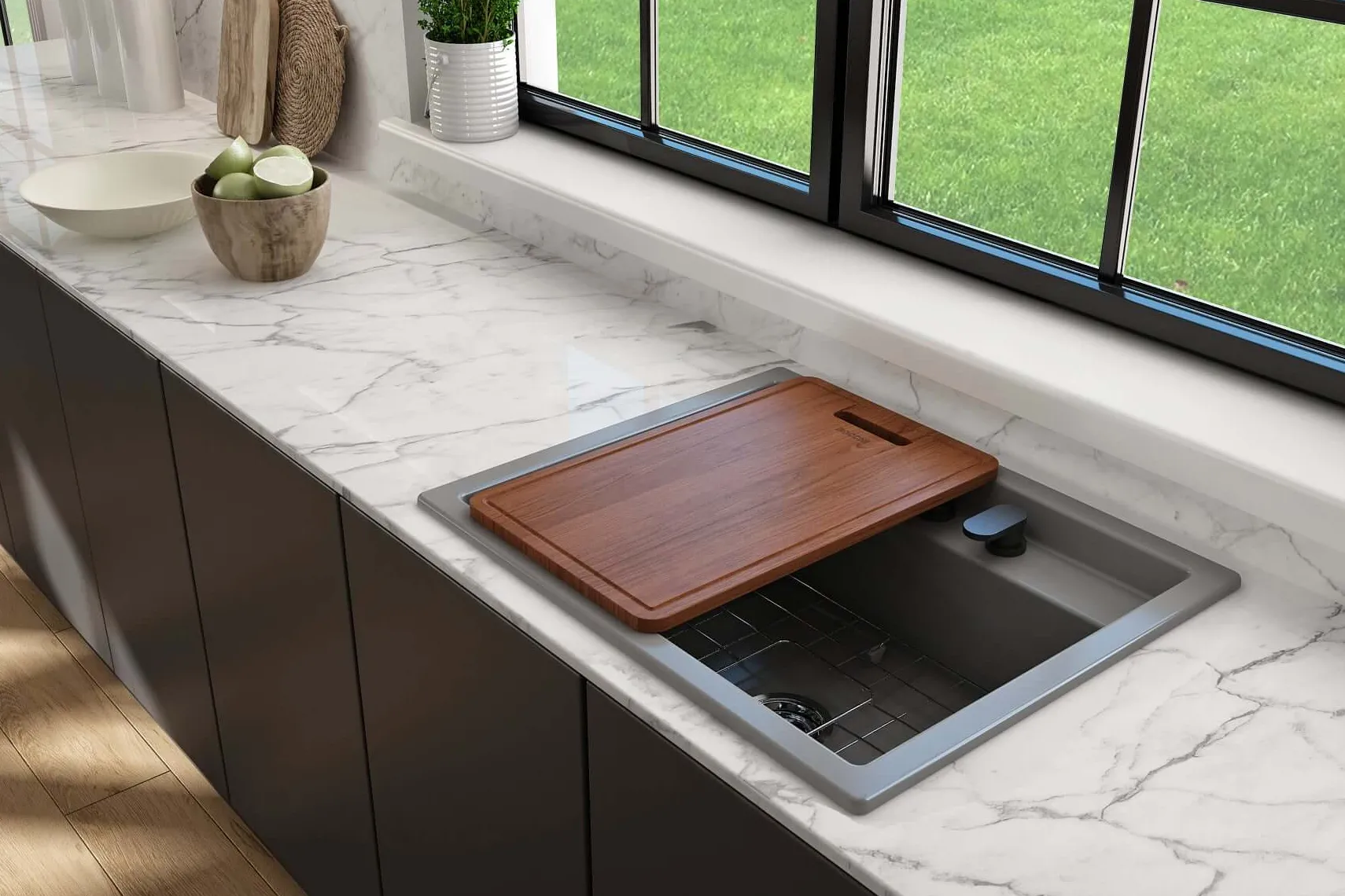 BOCCHI Baveno Uno 27" Dual Mount Fireclay Workstation Kitchen Sink Kit with Accessories, Matte Gray, 1633-006-0132