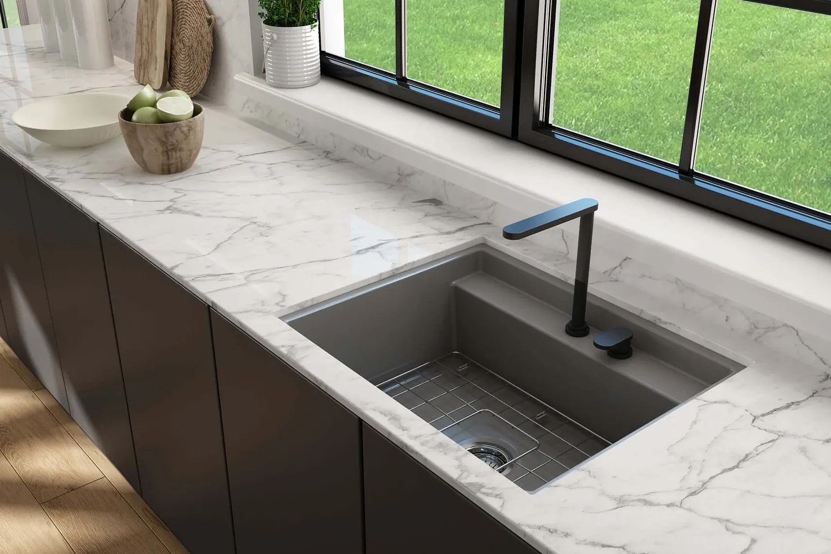 BOCCHI Baveno Uno 27" Dual Mount Fireclay Workstation Kitchen Sink Kit with Accessories, Matte Gray, 1633-006-0132