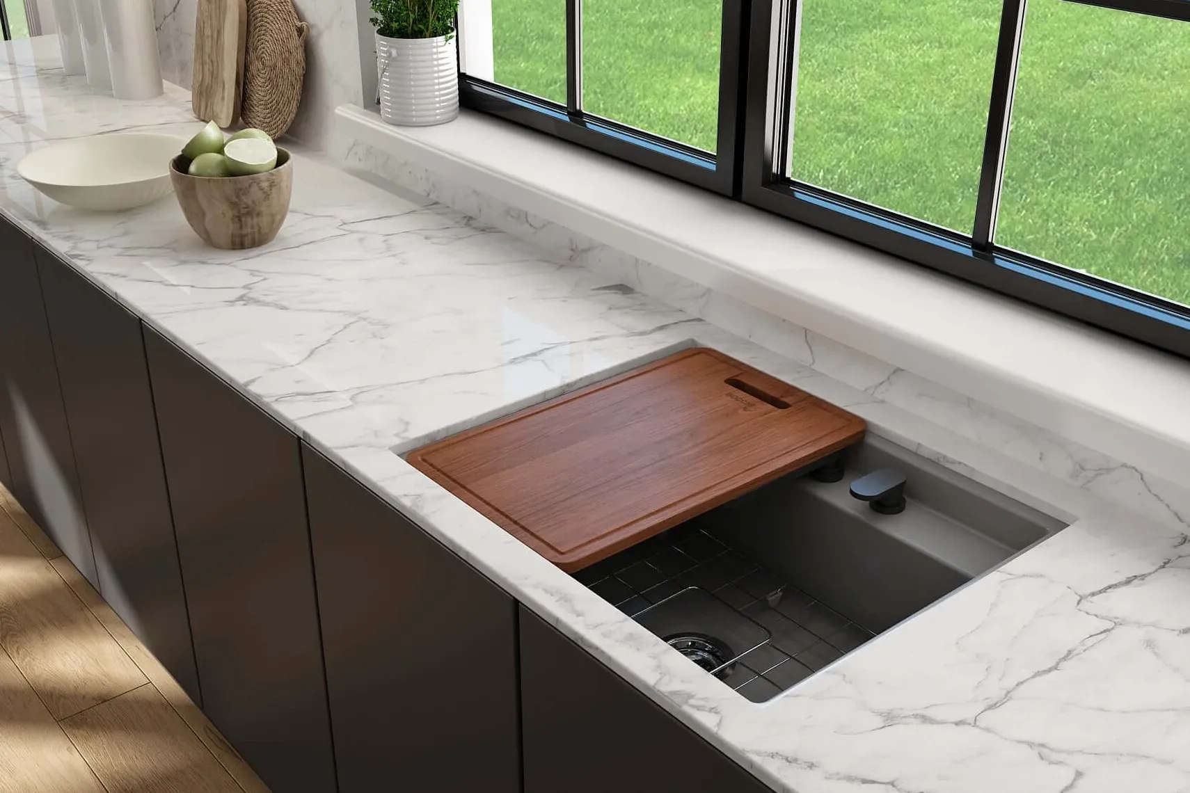 BOCCHI Baveno Uno 27" Dual Mount Fireclay Workstation Kitchen Sink Kit with Accessories, Matte Gray, 1633-006-0132
