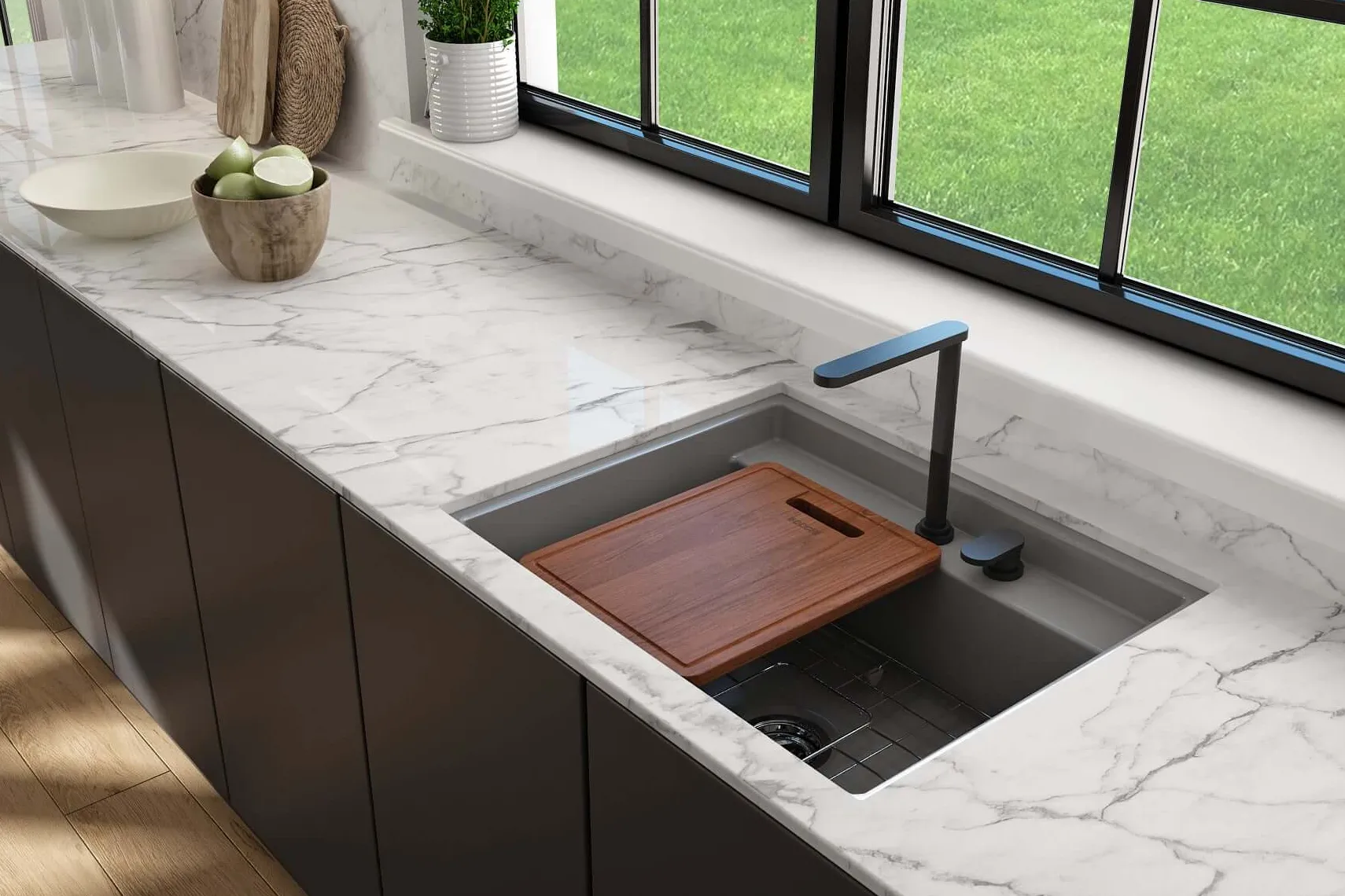 BOCCHI Baveno Uno 27" Dual Mount Fireclay Workstation Kitchen Sink Kit with Accessories, Matte Gray, 1633-006-0132