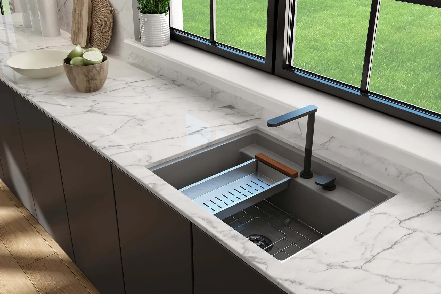 BOCCHI Baveno Uno 27" Dual Mount Fireclay Workstation Kitchen Sink Kit with Accessories, Matte Gray, 1633-006-0132