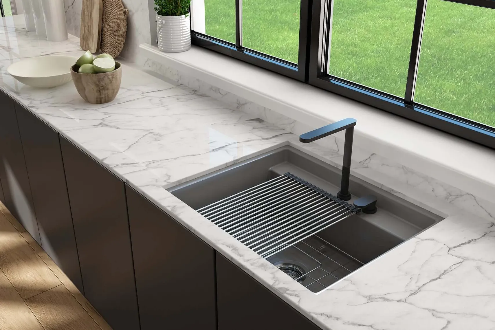 BOCCHI Baveno Uno 27" Dual Mount Fireclay Workstation Kitchen Sink Kit with Accessories, Matte Gray, 1633-006-0132