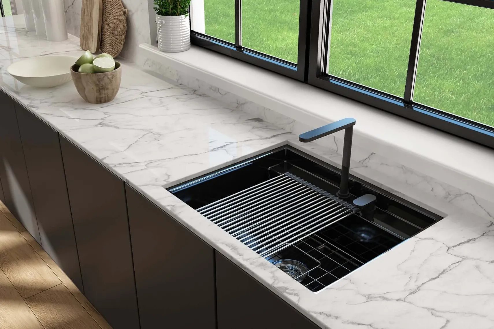 BOCCHI Baveno Uno 27" Dual Mount Fireclay Workstation Kitchen Sink Kit with Accessories, Black, 1633-005-0132