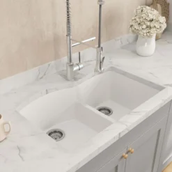 BOCCHI Campino Duo 33" Dual Mount Granite Kitchen Sink Kit with Accessories, 60/40 Double Bowl, Milk White, 1602-507-0126