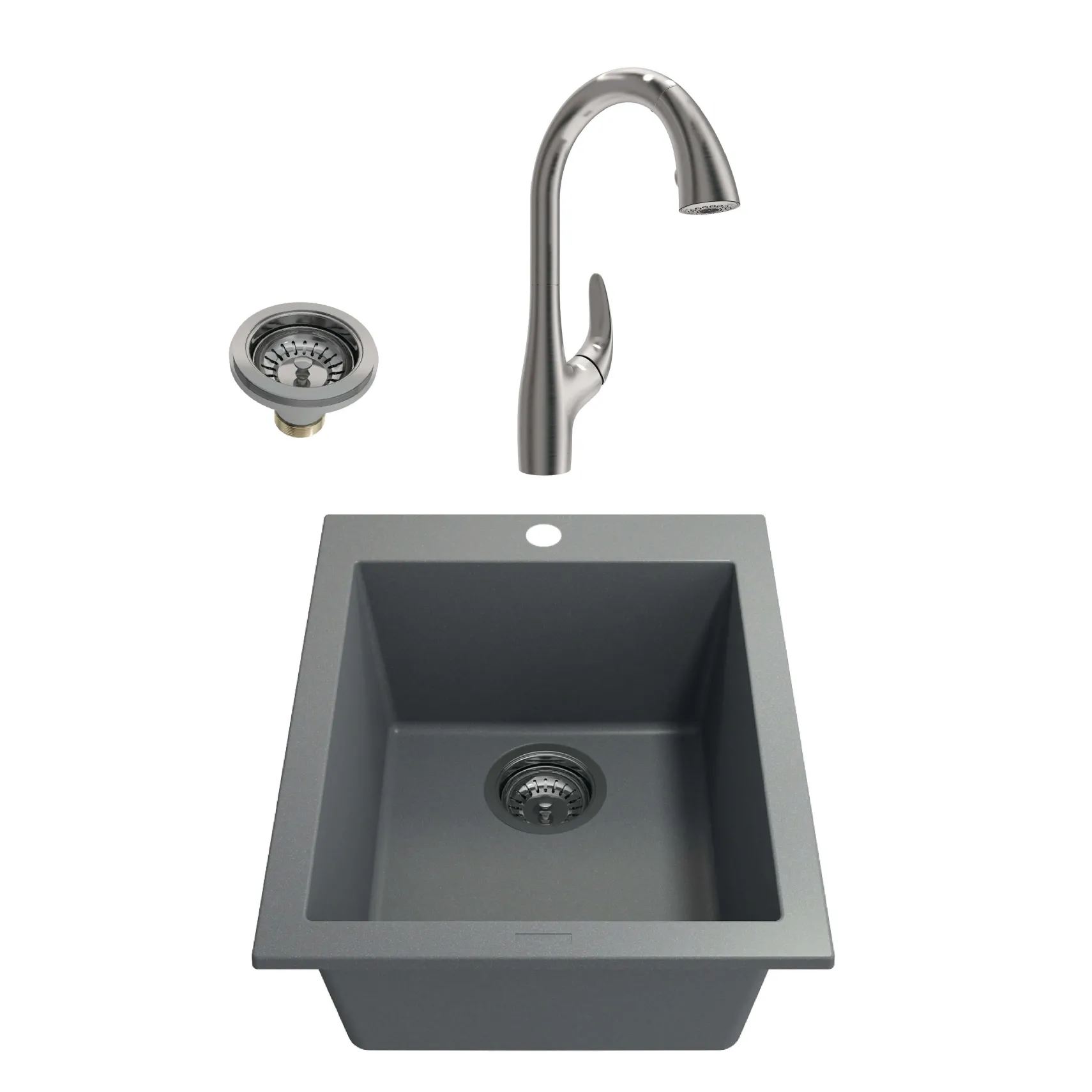 BOCCHI Campino Uno 16" Concrete Gray Rectangle Granite Bar/Prep Sink Kit with Stainless Steel Faucet and Accessories, 1608-506-2024SS