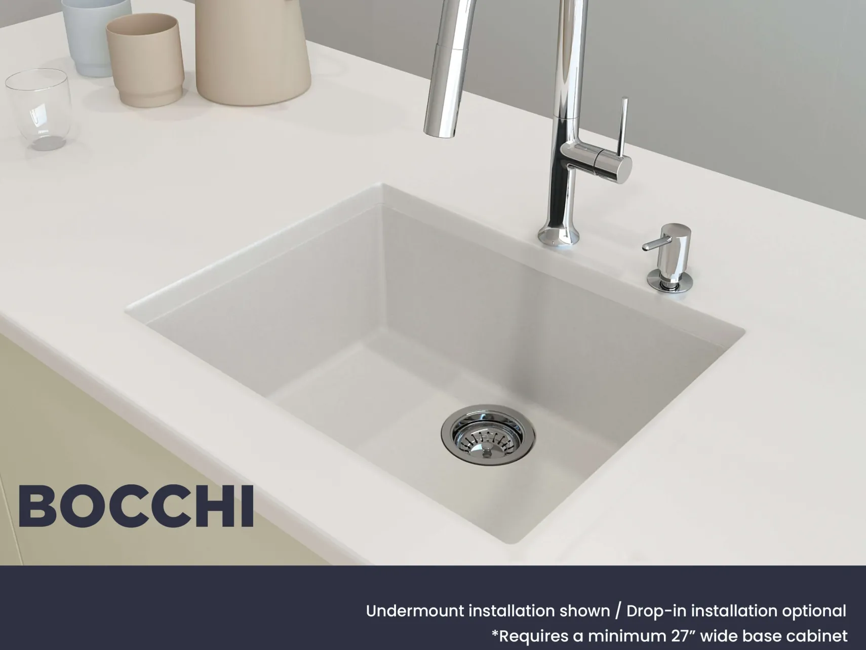 BOCCHI Campino Uno 24" Dual Mount Granite Kitchen Sink Kit with Accessories, Milk White, 1606-507-0126