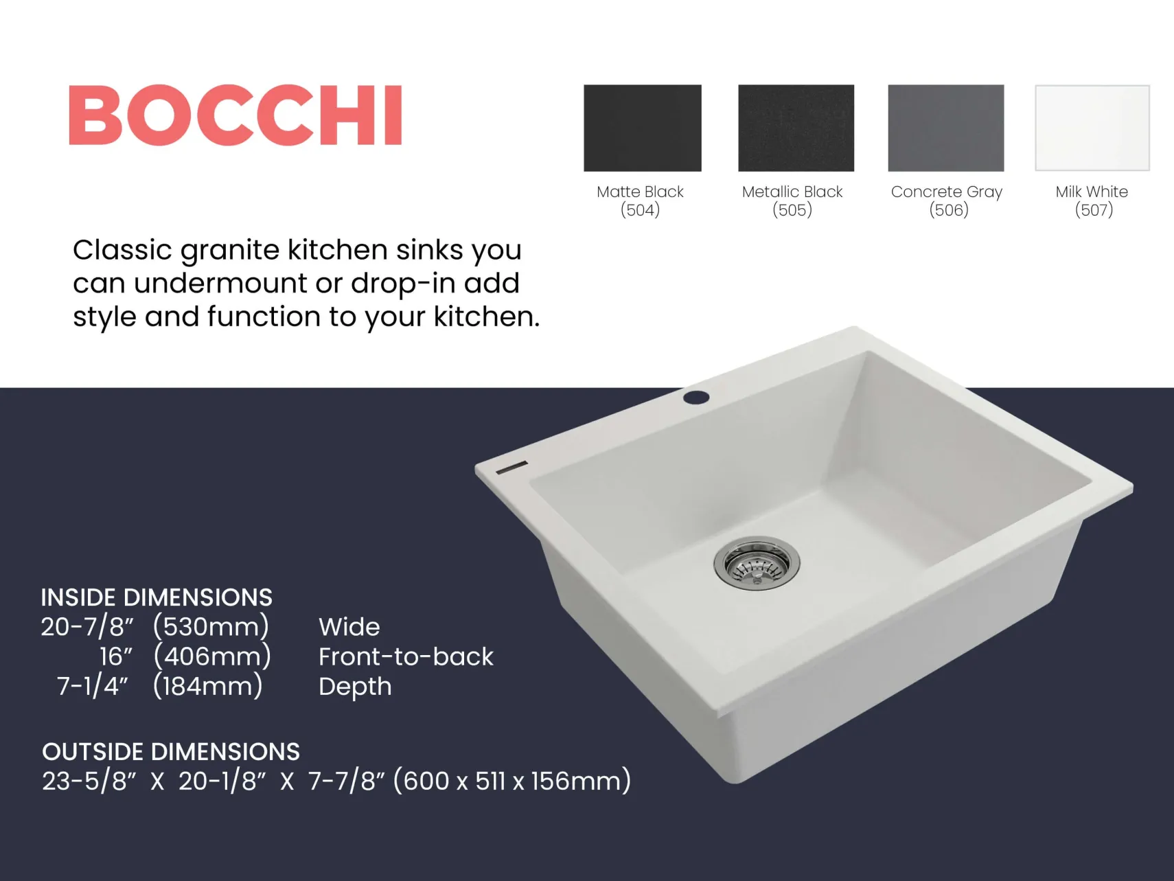 BOCCHI Campino Uno 24" Dual Mount Granite Kitchen Sink Kit with Accessories, Milk White, 1606-507-0126