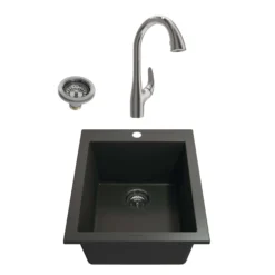 BOCCHI Campino Uno 16" Rectangle Granite Bar/Prep Sink Kit with Faucet and Accessories, Matte Black (sink) / Stainless Steel (faucet), 1608-504-2024SS