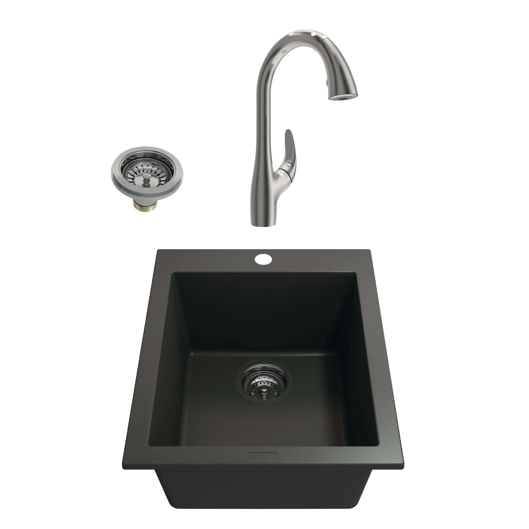 BOCCHI Campino Uno 16" Rectangle Granite Bar/Prep Sink Kit with Faucet and Accessories, Matte Black (sink) / Stainless Steel (faucet), 1608-504-2024SS